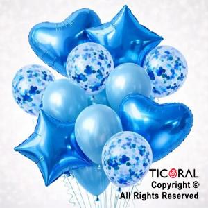 SET DE GLOBOS METALIZADOS ESTRELLA CORAZON CONFETI Y LATEX AZUL x 14 UNIDADES